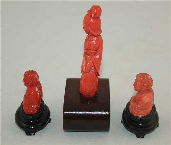 Three Chinese coral figures, wood stands, the lady 8.4cm excl. stand